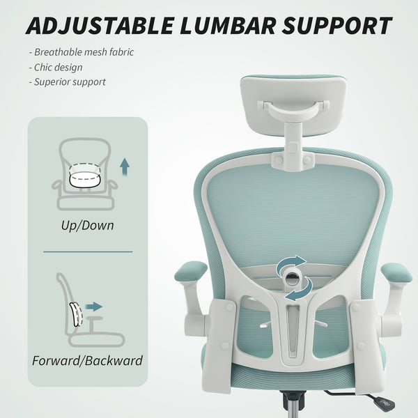 Chaise de bureau en maille avec appui-tête réglable, soutien lombaire 4D, accoudoirs relevables, vert clair