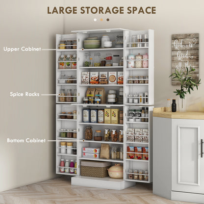 65-inch Kitchen Cabinet, Pantry with 4 Doors and 16 Shelves for Dining Room, White 