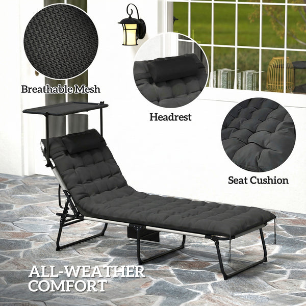 Folding Lounge Chair with Adjustable Canopy, 4-Position Outdoor Tanning Chair with Headrest, Dark Grey