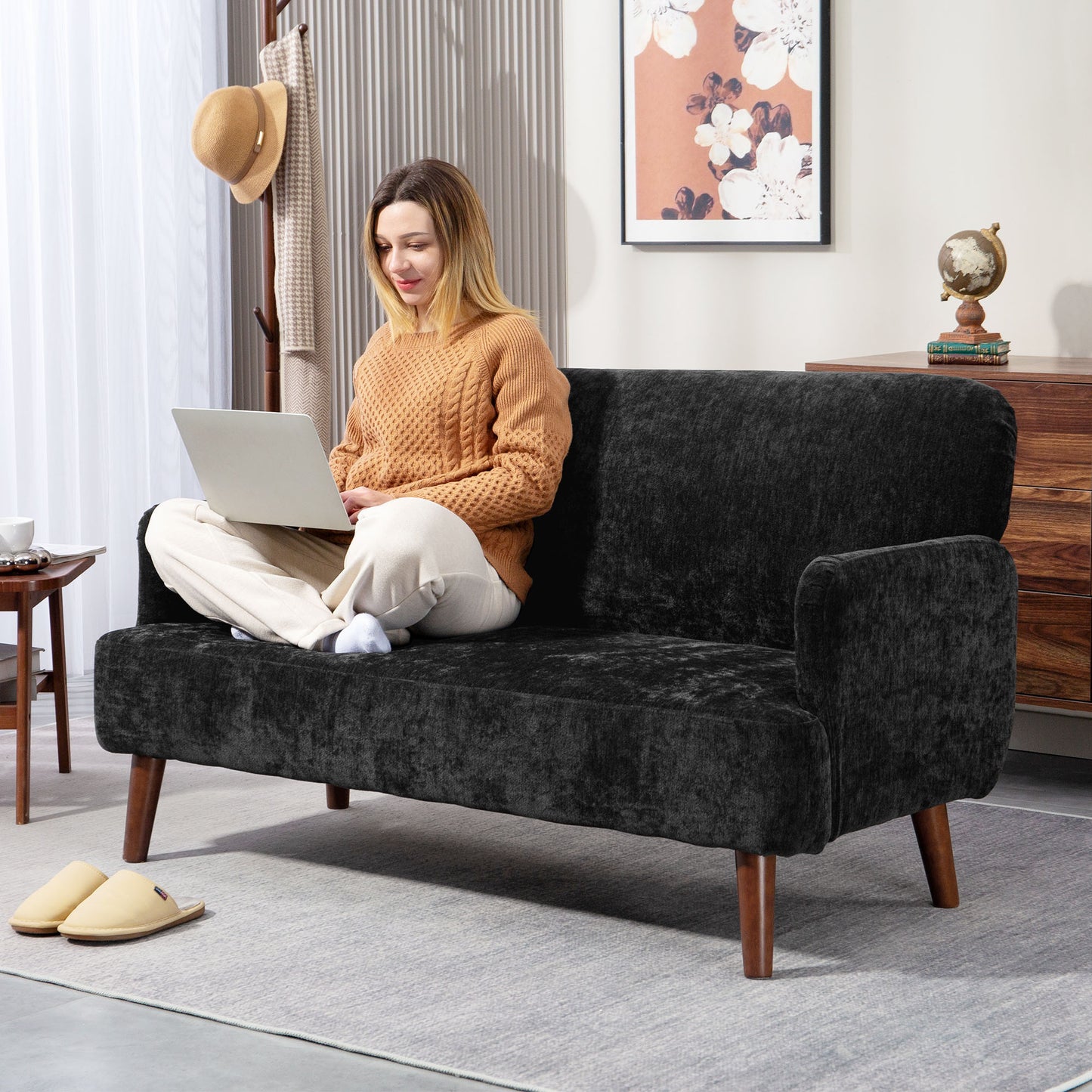 HOMCOM 2-seater sofa in velvet fabric, small loveseat sofa with 21 cm thick padding and wooden legs, black