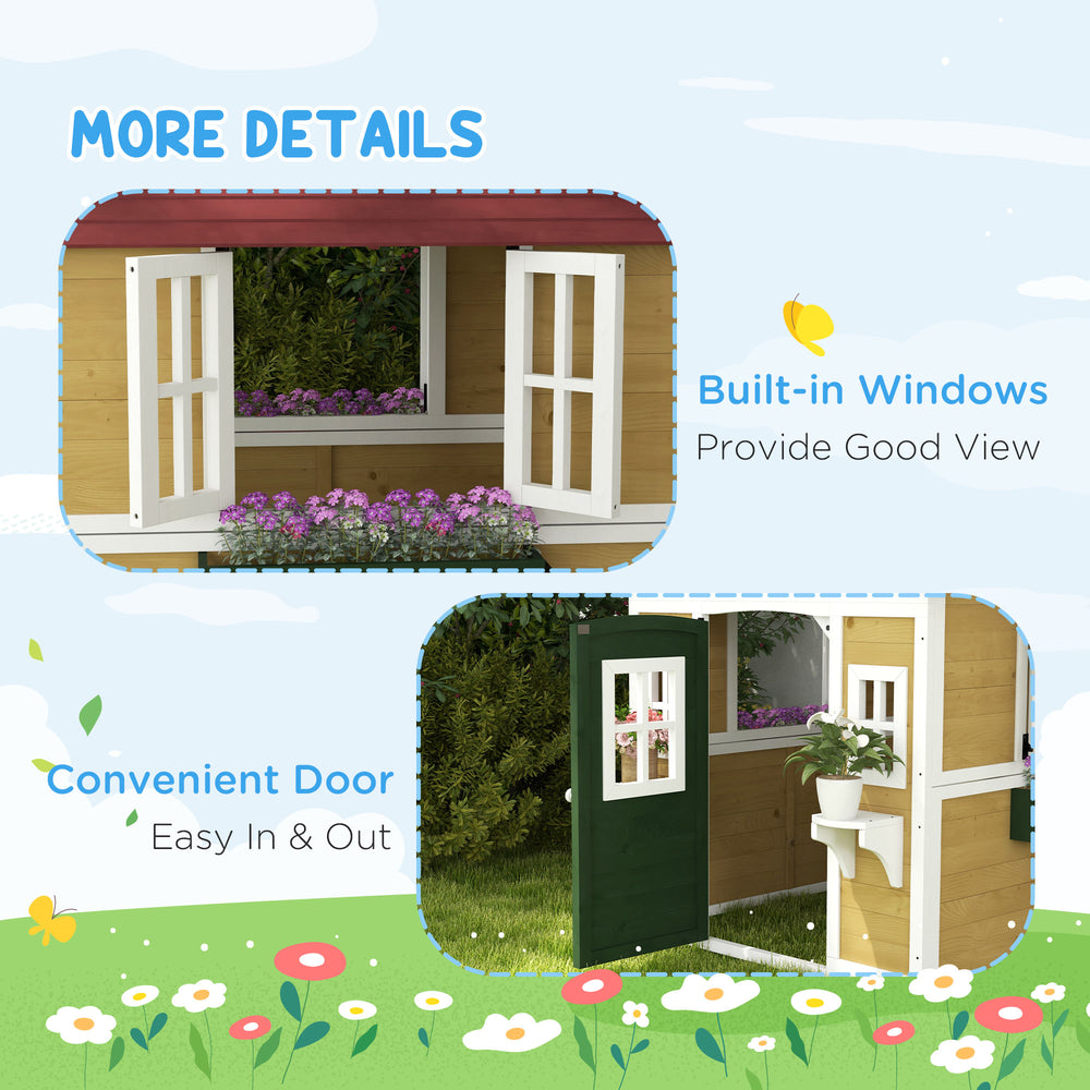 Maisonnette en bois d'extérieur avec porte, fenêtres, pots de fleurs et boîtes