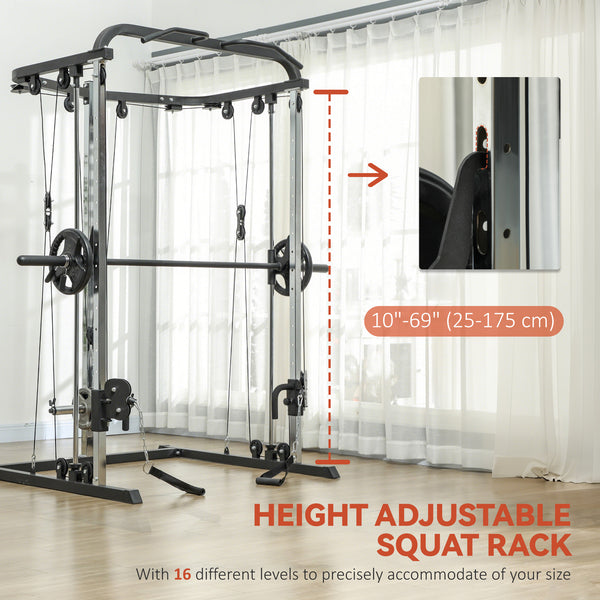 Machine à squat 3 en 1 avec système de câbles croisés, station de traction, rack à squats à 16 niveaux et barre d'haltères