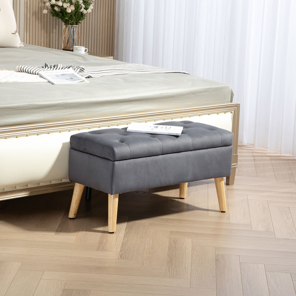 Pouf de rangement avec couvercle rembourré en velours et pieds en bois, gris anthracite