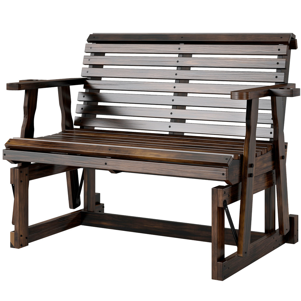 Outdoor Wooden Rocking Bench with 2 Cup Holders, Slat Seat, and Armrests