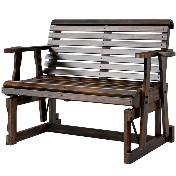 Outdoor Wooden Rocking Bench with 2 Cup Holders, Slat Seat, and Armrests