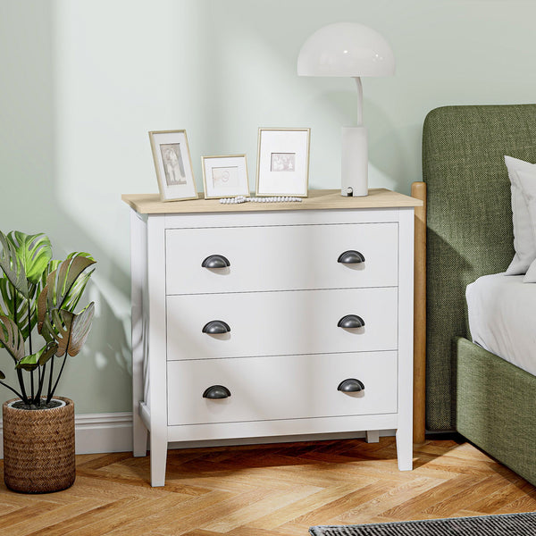Commode avec glissières silencieuses à 3 tiroirs pour chambre, blanche
