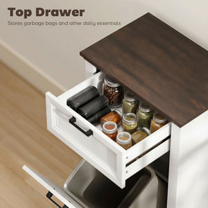 Meuble poubelle de 38 litres avec tiroir, style ferme, effet bois blanc