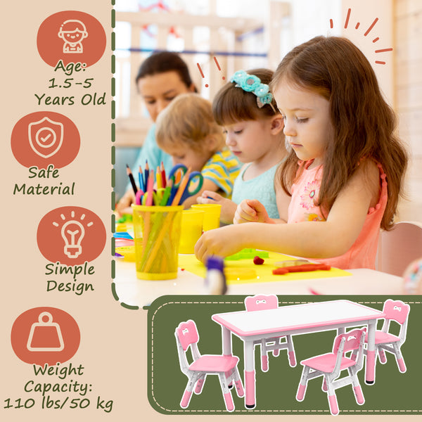 Kids Table and Chair Set (4 Chairs, Adjustable Height, Easy to Clean, Ages 1.5-5), Pink