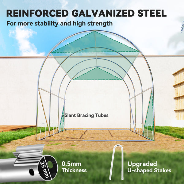 Heated tunnel greenhouse for plants with shade netting and roll-up mesh side walls