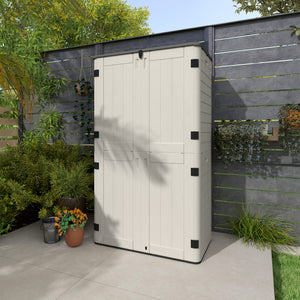 Outdoor storage cabinet with hinged lid and lockable doors