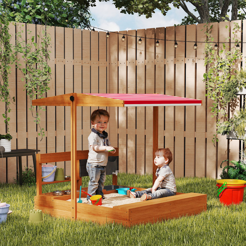 Bac à sable en bois Outsunny pour enfants de 3 à 7 ans, rouge, avec couvercle, jeu de cuisine intégré, siège et espace de rangement – aire de jeu extérieure