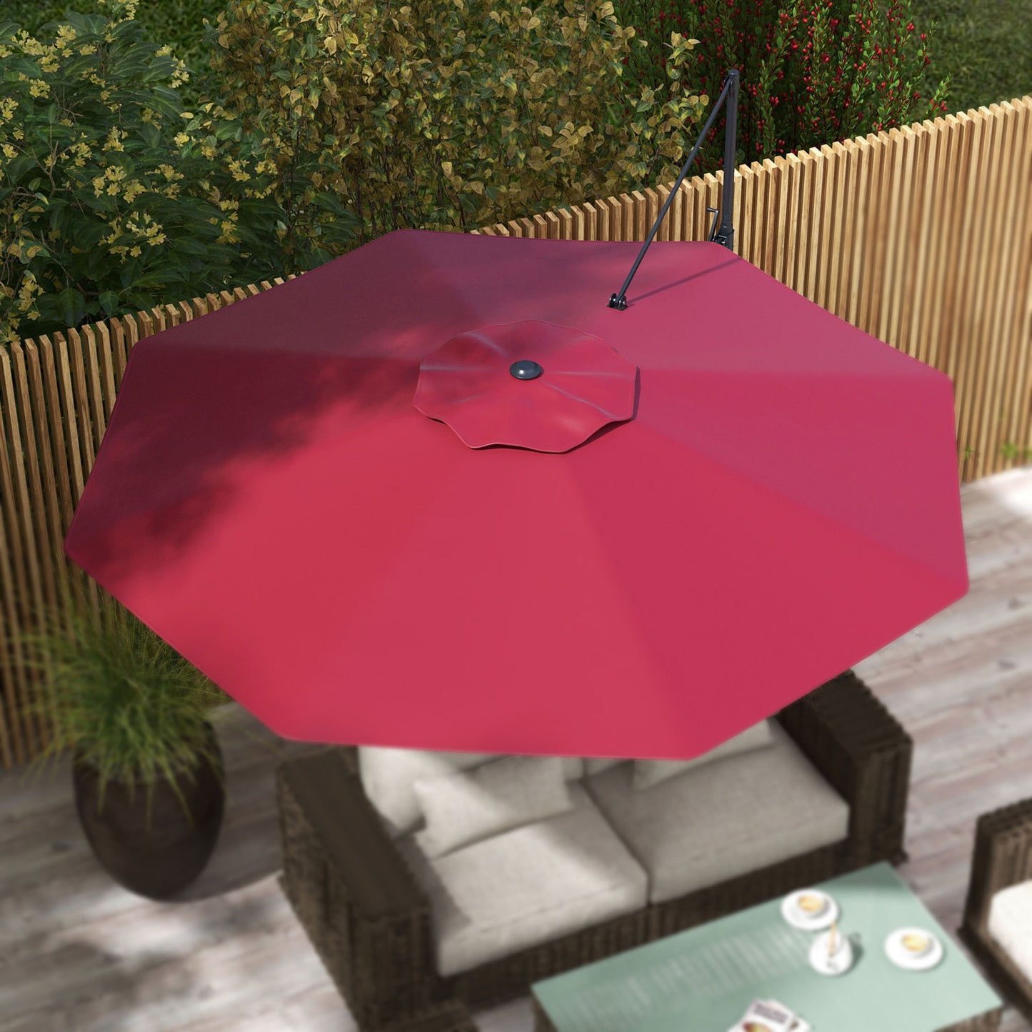 Parasol déporté 3m suspendu en aluminium avec rotation à 360°, manivelle, inclinaison, base croisée, rouge