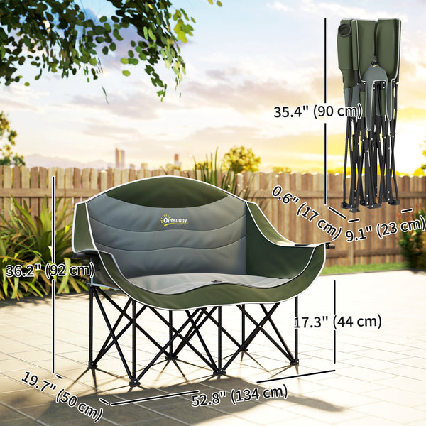 Chaise de camping portable double avec porte-gobelets et sac de transport, supporte jusqu'à 250 kg, vert foncé