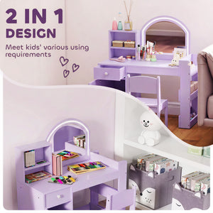 Coiffeuse pour enfant avec miroir LED bicolore, rangements et chaise, mauve