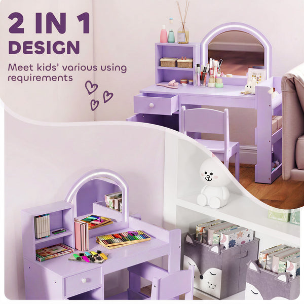 Coiffeuse pour enfant avec miroir LED bicolore, rangements et chaise, mauve