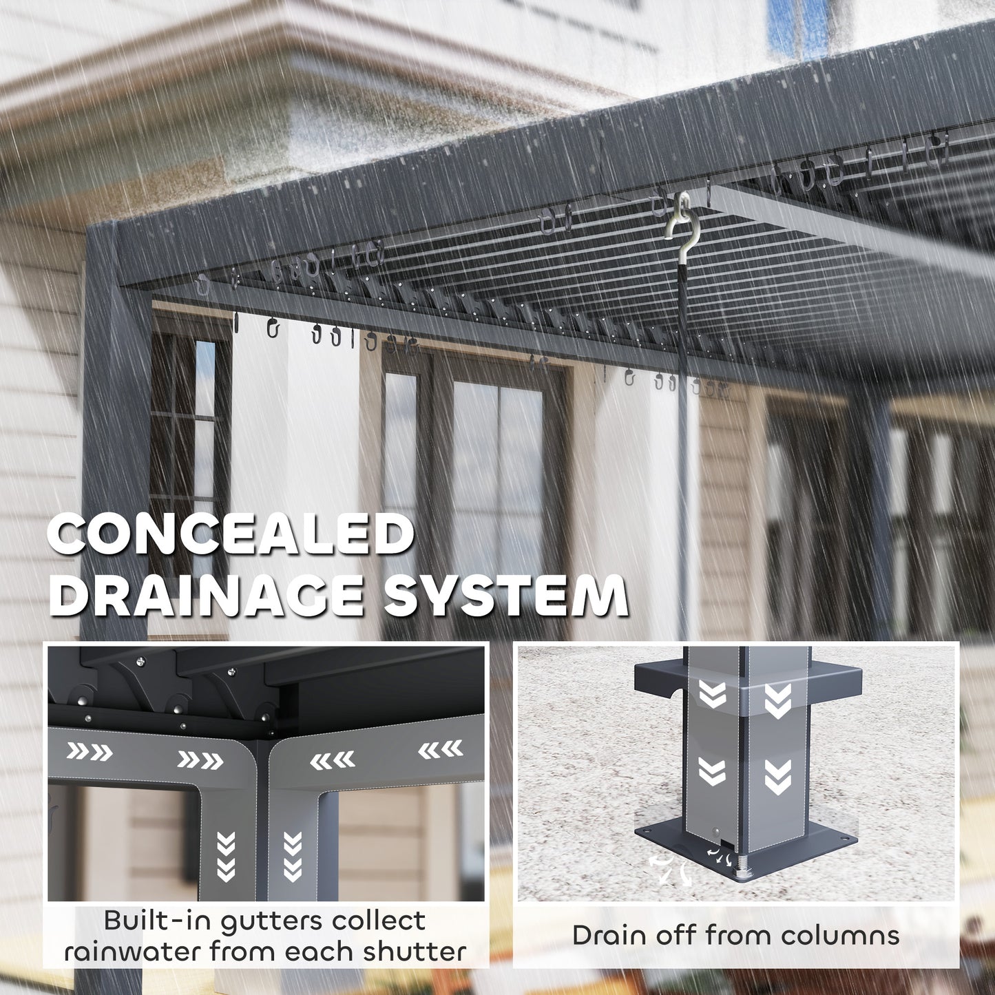 Pergola à persiennes 10' x 10' avec toit métallique réglable et cadre en aluminium à toit rigide avec système de drainage