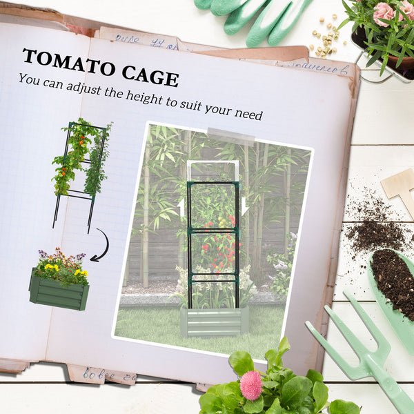 Raised galvanized planter with 3-tier trellis, green
