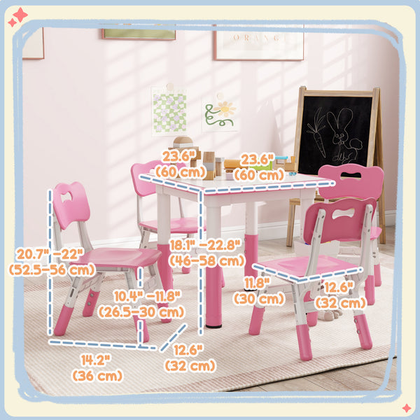Ensemble table et chaises 5 pièces pour tout-petits à hauteur réglable, rose