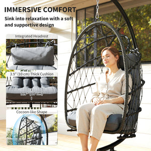 Fauteuil suspendu œuf avec support, balancelle pliable en rotin tressé avec coussin épais et corde de sécurité, gris