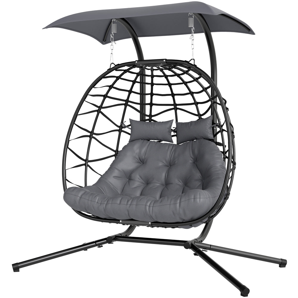 Balancelle double en osier avec auvent, pliable et suspendue, avec appui-tête et coussin, gris