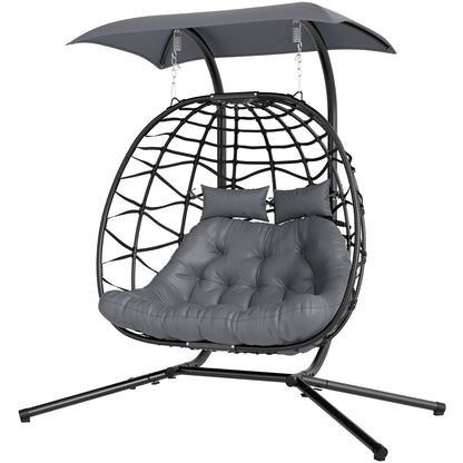Outsunny Balancelle double en osier avec auvent, pliable et suspendue, avec appui-tête et coussin, noir