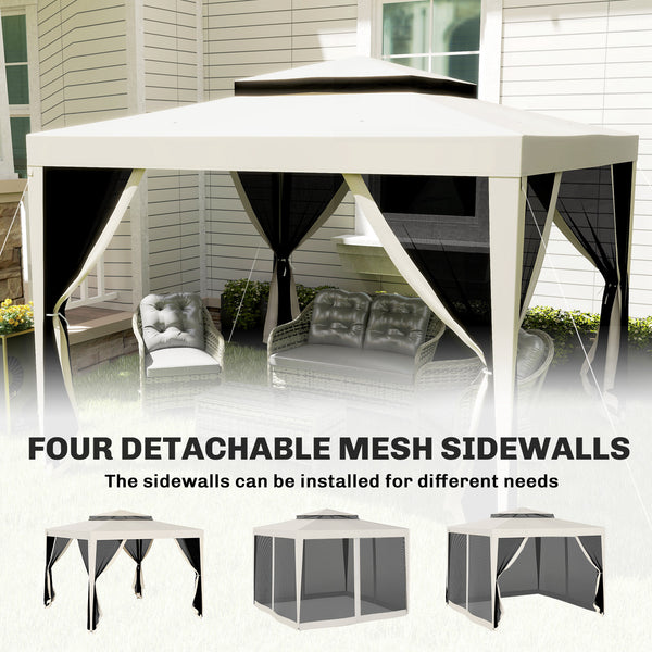 10' x 10' Outdoor Canopy Tent Party Tent with Mesh Netting and Double Tier Roof for Backyard, Garden, Patio, Cream White