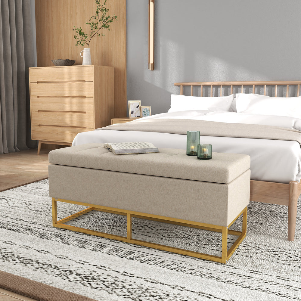 Pouf de rangement avec plateau rabattable rembourré, beige