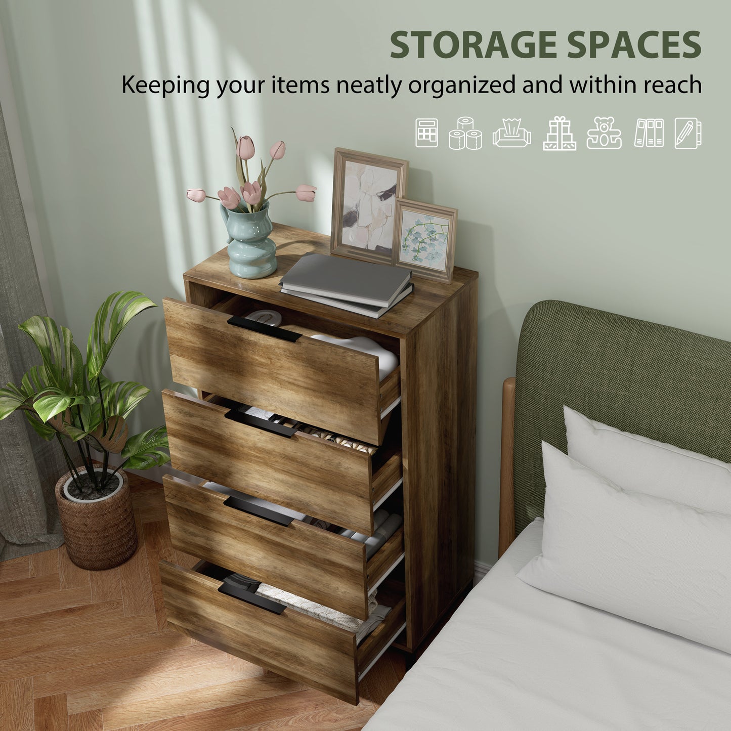 Commode HOMCOM pour chambre à coucher, tour de rangement à 4 tiroirs, commode pour couloir, entrée, placard, couleur naturelle