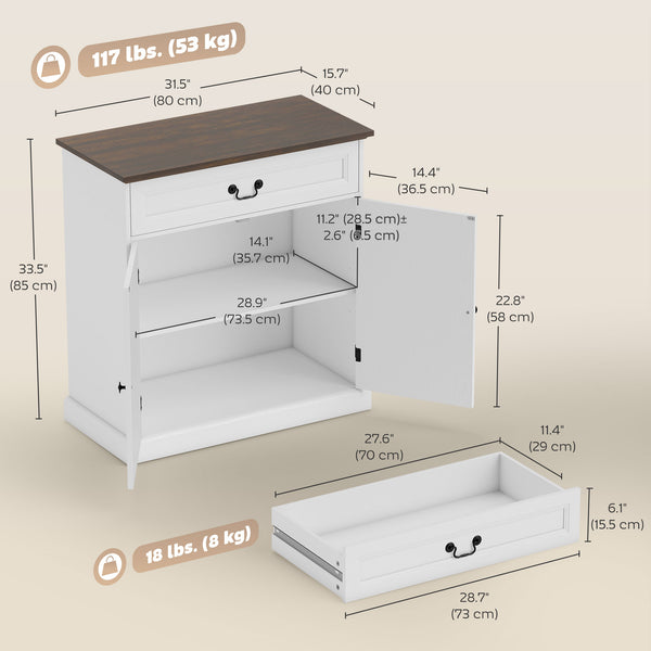 Buffet style ferme, plateau épais, tiroir silencieux et étagère réglable, finition bois blanc.