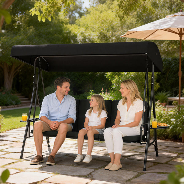 3-Seat Outdoor Porch Swing Patio Swing with Adjustable Canopy, Side Tray, Removable Cushion for Garden, Poolside, Black