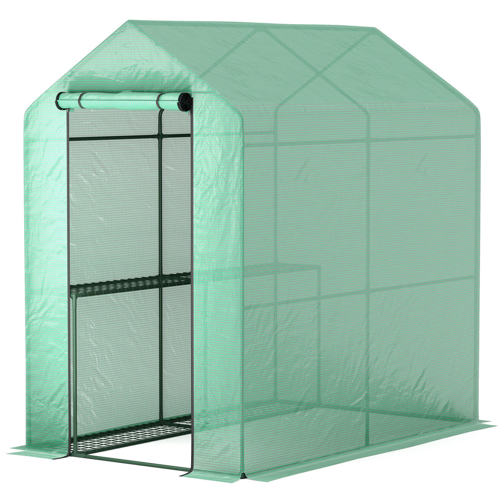 Portable outdoor greenhouse with roll-up door, green