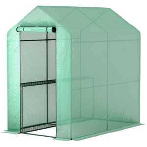 Portable outdoor greenhouse with roll-up door, green