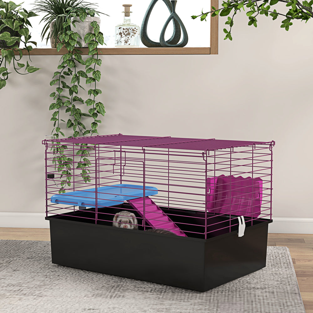 Small animal cage with water bottle, food bowl, platform, and ramp, black