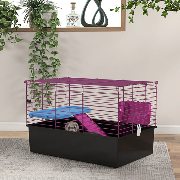 Cage pour petits animaux avec biberon, gamelle, plateforme et rampe, noire