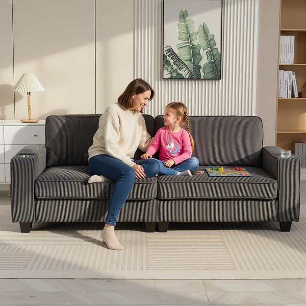 3-seater fabric sofa with spring cushions and cup holders, dark grey