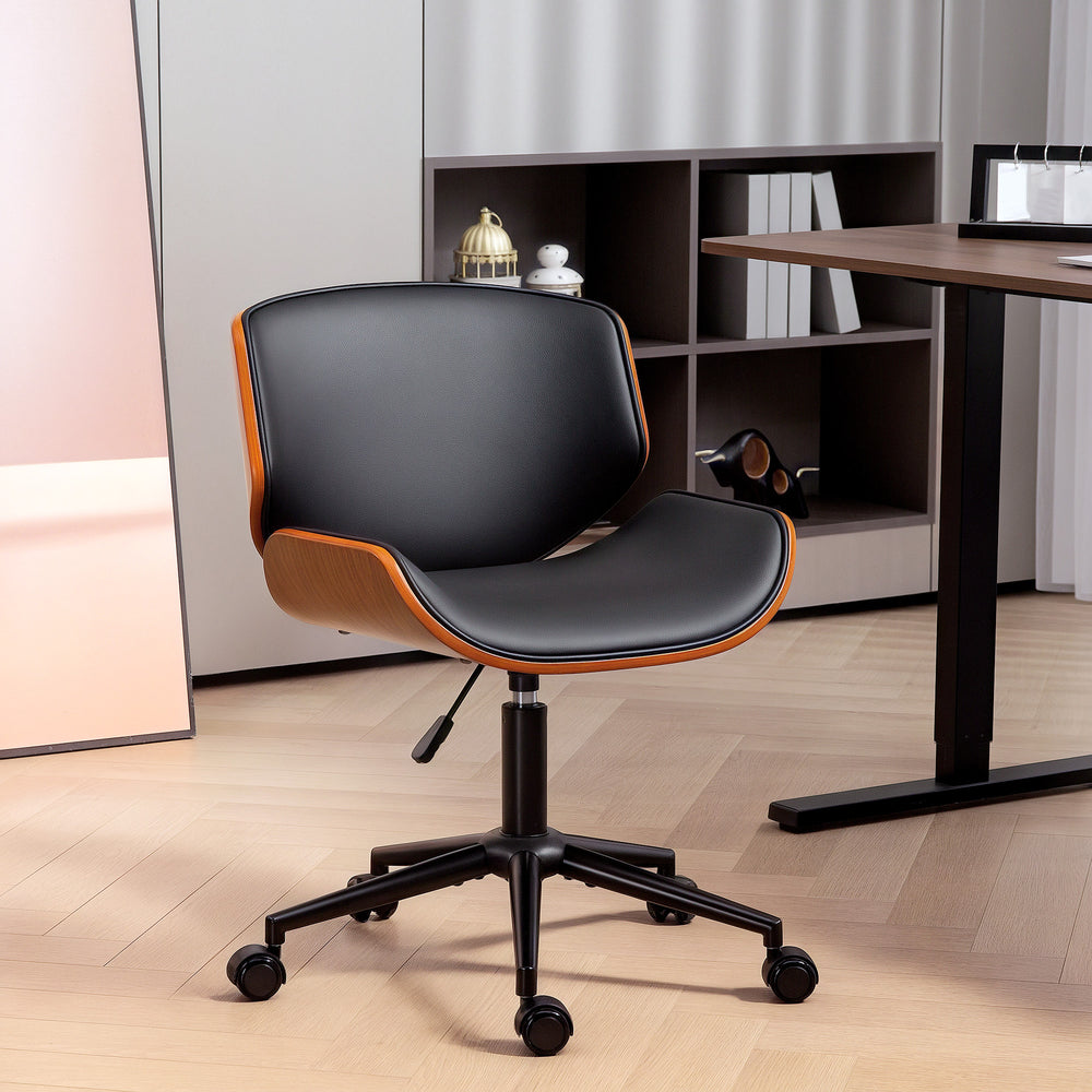 Chaise de bureau moderne sans accoudoirs et à roulettes avec revêtement en similicuir, bois courbé