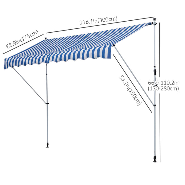 10x5ft Manual Retractable Awning, Patio Sun Shade Canopy Shelter with 5.6-9.2ft Support Pole, Water Resistant UV Protector, for Window, Door, Porch, Deck, Blue
