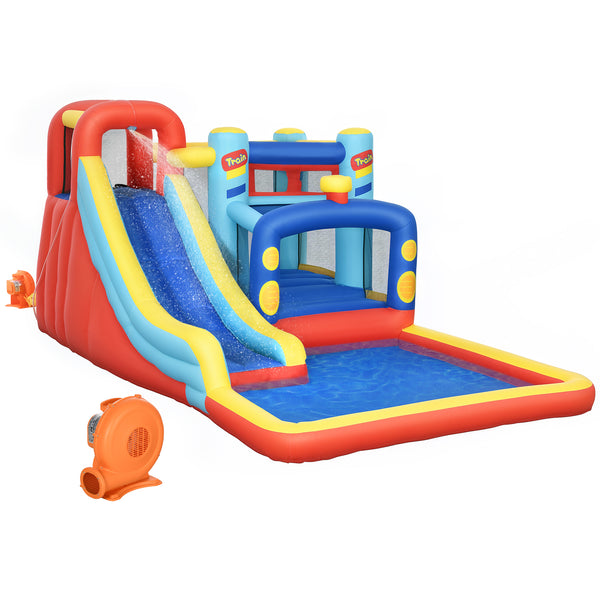 Château gonflable 4 en 1 (4,3 x 2,4 m) avec toboggan, mur d'escalade, zone de saut, piscine et souffleur