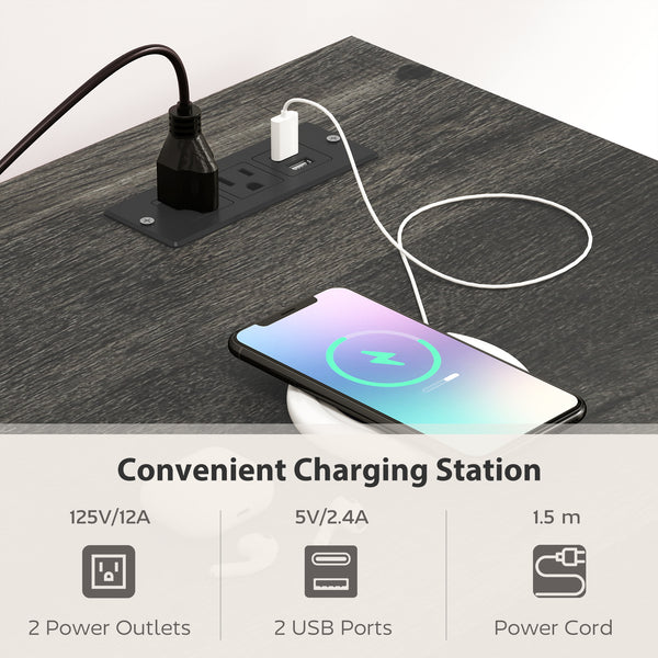 Meuble TV avec prises de courant, portes coulissantes et étagères réglables, gris foncé