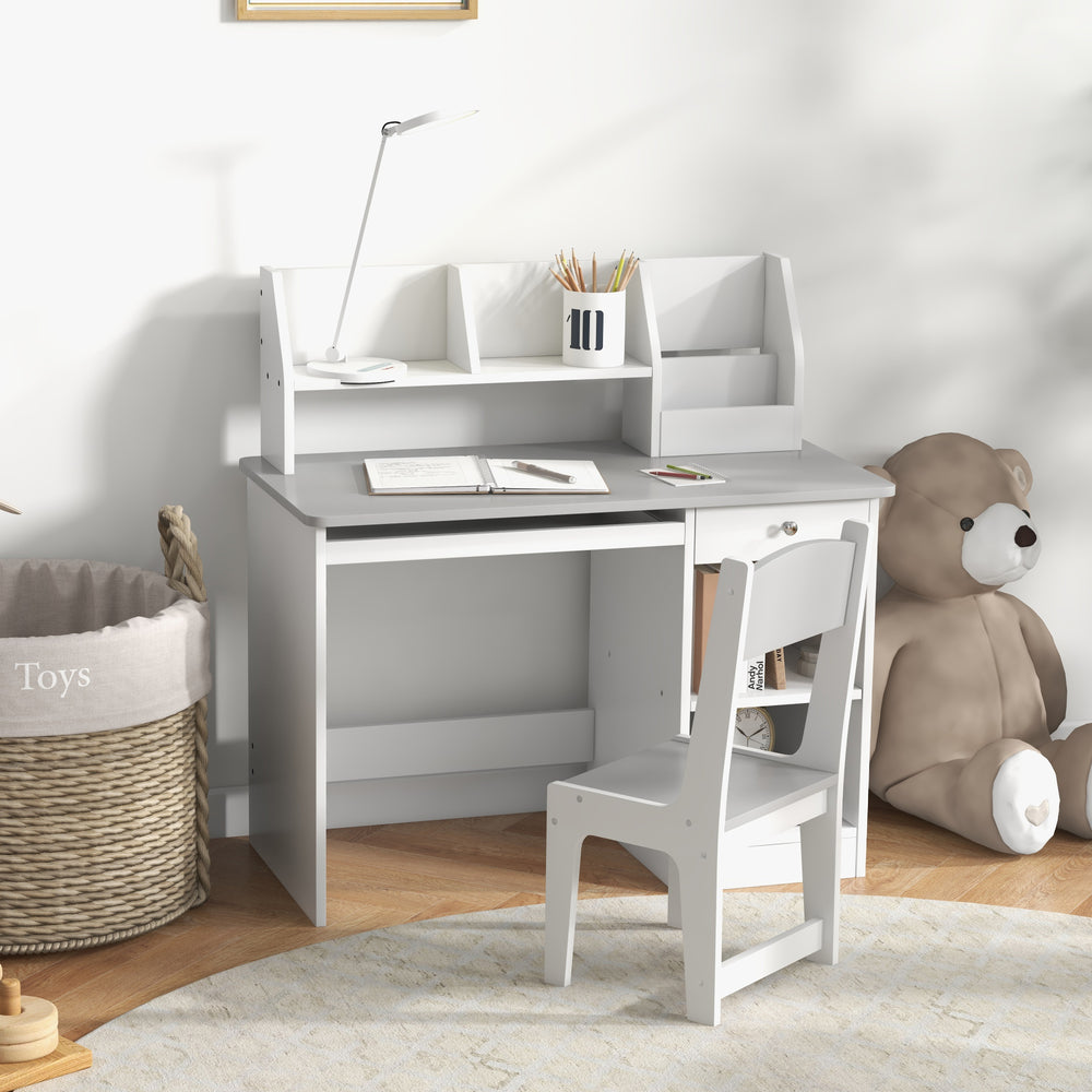 Desk and chair set for children aged 4 to 8 years with storage, gray