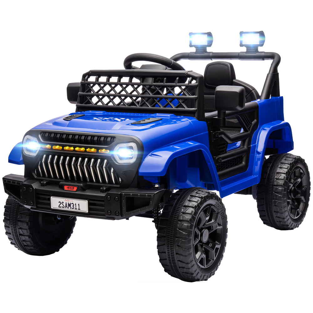 Voiture électrique 12 V type Jeep pour enfants, avec télécommande parentale, suspension, 3 vitesses, phares LED, port USB et musique, couleur bleu foncé