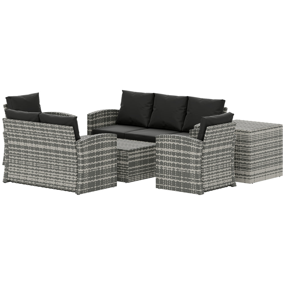 Ensemble de jardin Outsunny 6 pièces en osier noir avec canapé modulaire 7 places, coussins épais, espaces de rangement, table basse et table d’appoint assorties, idéal pour terrasse spacieuse