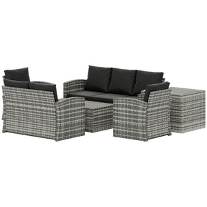 Ensemble de meubles de jardin 6 pièces en osier avec coussins, table basse et table d'appoint, noir
