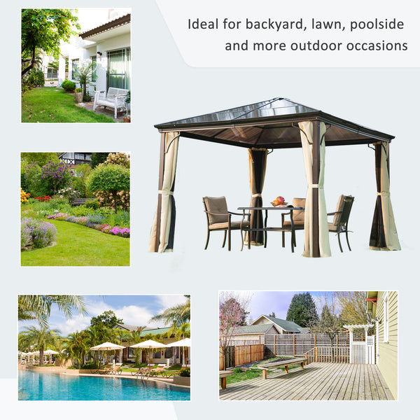 Toit de jardin rigide 10 x 10 avec structure métallique robuste avec rideaux et toit imperméable, couleur beige café