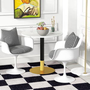 Table de salle à manger ronde avec plateau en imitation marbre, piètement en acier, blanche