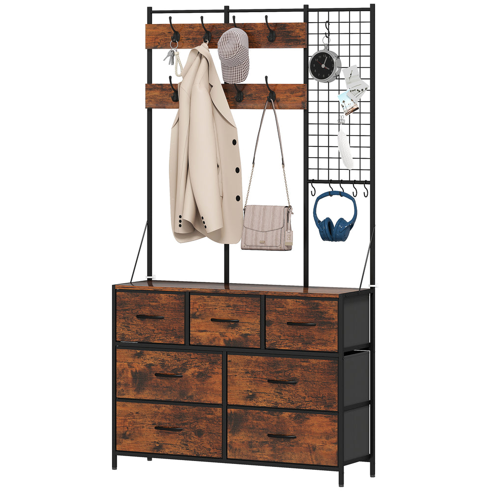 Porte-manteau 4 en 1 avec commode en tissu à 7 tiroirs et 14 crochets, marron rustique