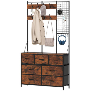 Porte-manteau 4 en 1 avec commode en tissu à 7 tiroirs et 14 crochets, marron rustique