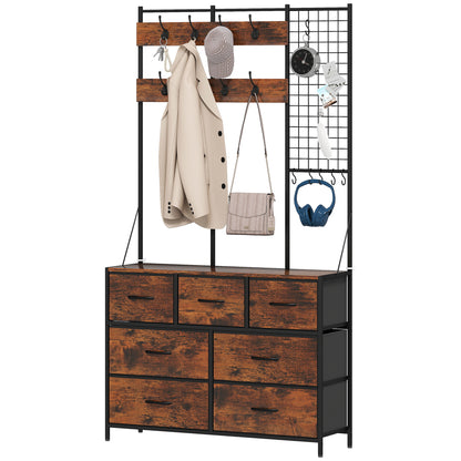 Porte-manteau 4 en 1 avec commode en tissu à 7 tiroirs et 14 crochets, marron rustique