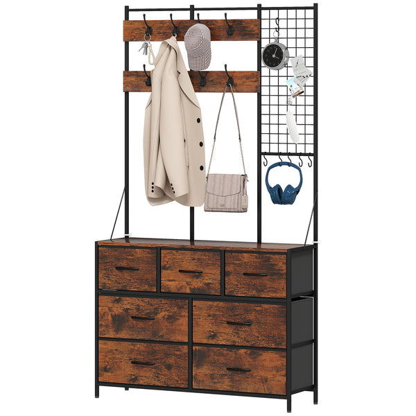 Porte-manteau 4 en 1 avec commode en tissu à 7 tiroirs et 14 crochets, marron rustique