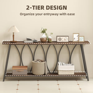 Industrial style two-tier console table with metal frame, rustic brown color.